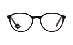 Armazón de acetato negro con interior rojo, de forma redondeada.