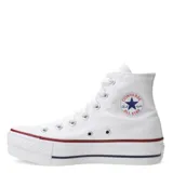 Championes de lona blancos, estilo botín (high-top), con plataforma gruesa. La suela presenta una línea roja y una línea azul delgada.