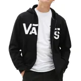 Campera Vans negra con capucha, cierre frontal y logo blanco estampado en el pecho.