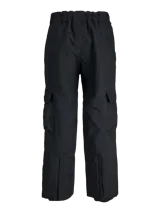 Pantalón técnico de ski Jack & Jones, impermeable y cortaviento, con corte holgado. Presenta bolsillos cargo laterales con solapa y cierre de velcro, bolsillos frontales y logo de la marca estampado en el muslo. Incluye polainas internas y refuerzos en los ruedos para protección contra la nieve.