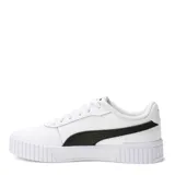 Championes Puma modelo Carina 2.0, de diseño urbano con capellada blanca y suela de plataforma con detalle en color lila. Presenta el logo de la marca en dorado en el lateral y en relieve en la parte trasera de la suela.