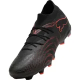 Championes de fútbol Puma Future 9 Match FG/AG, color naranja vibrante con detalles en plateado. Diseño de corte medio con tecnología de ajuste avanzado y suela especializada para tracción en césped natural y artificial.