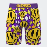 Calzoncillos bóxer de hombre con estampado de cuadros amarillos, blancos y violetas, con caritas sonrientes amarillas.