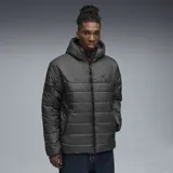 Campera acolchada con capucha, color gris oscuro, con cierre frontal completo y logo de la marca en el pecho.
