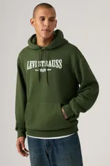 Buzo tipo hoodie de corte relajado en color verde oscuro, con capucha ajustable mediante cordones y bolsillo frontal tipo canguro. Presenta el logo de la marca estampado en el pecho en color blanco.