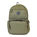 Mochila Maui and Sons modelo Explorer, color verde militar, con capacidad de 20 litros. Cuenta con un compartimento principal, un bolsillo frontal con cierre y dos bolsillos laterales. El logo de la marca está en un parche circular en la parte superior frontal.