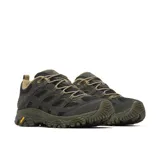 Championes de trekking Merrell modelo Moab 3, color verde oliva con detalles en negro. Confeccionados en gamuza y malla transpirable, cuentan con suela Vibram de alta tracción, entresuela amortiguada y puntera reforzada.