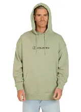 Canguro Volcom de color verde claro, con capucha ajustable con cordón, bolsillo tipo canguro en el frente y estampa con el logo de la marca en el pecho.