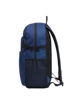 Mochila unisex color azul marino con logo de CAT en amarillo. Cuenta con bolsillo delantero con cierre, presillas frontales, compartimento acolchado para laptop de 15 pulgadas, hebillas de compresión laterales, bolsillos laterales de malla, correa ajustable para el esternón y panel trasero y correas acolchadas con malla transpirable.