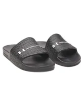 Chancletas Under Armour UA W Armr Slide Lite color negro, de EVA moldeada de una sola pieza, con tira ancha texturizada y el logo de la marca en blanco.
