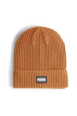 Gorro de lana Puma modelo Classic Cuff, color marrón, de punto acanalado con vuelta y parche frontal negro con el logo de la marca en blanco.