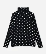Blusa de cuello alto y manga larga, confeccionada en viscolycra con estampado de lunares blancos sobre fondo negro.