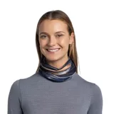 Cuello tubular multifuncional Buff Original Ecostretch con diseño de pinceladas horizontales en tonos azul marino, gris, blanco y ocre.