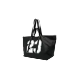Cartera tipo tote de mesh negro Off-White, con diseño amplio, doble asa superior de cuero y estampado frontal arqueado con el logotipo de la marca en color blanco.