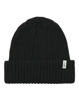 Gorro tejido en punto acanalado con diseño de vuelta, confeccionado en algodón orgánico. Presenta una etiqueta pequeña con el logo de la marca en el borde inferior.