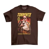 Remera de algodón color marrón con estampa frontal cinematográfica del personaje Torrente, incluyendo el título de la película y el escudo de la policía española.