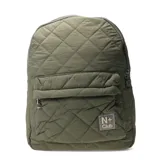Mochila urbana de diseño acolchado con costuras en forma de rombos, color verde oliva. Cuenta con un compartimento principal con cierre, un bolsillo frontal con cierre y un parche decorativo con el logo N+ Club en la parte inferior.