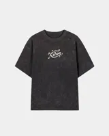 Remera de corte oversize color gris con efecto stone wash y estampa frontal con logo en color blanco.