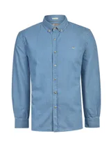 Camisa de manga larga de algodón orgánico estilo chambray color azul, con cuello abotonado y bordado del icónico pato de la marca en el pecho.