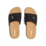 Sandalia tipo slide de la marca Merrell, con capellada de cuero negro y correa ajustable con hebilla. Presenta una plantilla revestida en corcho y una entresuela de espuma de plataforma en color crema.