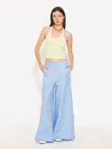 Top color verde lima de tejido de punto acanalado, con cuello halter y espalda descubierta.