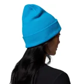 Gorro tipo beanie de punto acanalado en color azul vibrante, con puño enrollado y parche rectangular con el logo de Columbia en el frente.