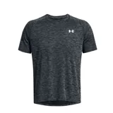 Remera deportiva Under Armour de manga corta, con cuello redondo y diseño jaspeado en tonos negros y grises. Presenta el logo de la marca estampado en el pecho.