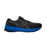 Championes de running Asics modelo GT-1000-11, color negro con detalles en azul vibrante y blanco. Presentan capellada de malla técnica transpirable, entresuela con tecnología FlyteFoam para mayor amortiguación y suela de goma resistente.