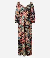 Vestido midi de corte evasé con estampado de follaje tropical sobre fondo negro. Presenta escote corazón, mangas abullonadas y un diseño fluido confeccionado en viscosa.