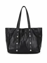 Cartera tipo shopper color negro de cuerina, con doble asa de hombro y detalles de tachas metálicas plateadas en la parte frontal.