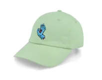 Gorra de visera curva color verde menta, con bordado frontal del icónico logo Screaming Hand de Santa Cruz en color azul.