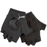 Guantes de entrenamiento Puma color negro, sin dedos, con diseño de malla transpirable en el dorso y palma acolchada con puntos de agarre. Incluye logo de la marca estampado en color gris.