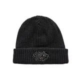 Gorro tipo beanie de tejido waffle en color negro, con diseño clásico sin estructura y parche hexagonal frontal con estampado abstracto.