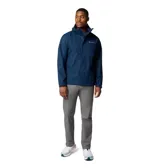 Campera impermeable Columbia modelo Hikebound II, color azul marino, con capucha ajustable, cierre frontal completo y bolsillo con cierre en el pecho. Diseño técnico con logo de la marca estampado.