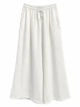 Pantalón ancho color blanco, de corte holgado y fluido, con cintura elástica fruncida y cordón ajustable.