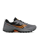 Championes Saucony Excursion TR16 para hombre, ideales para trail running. Diseño en tonos grises y negros con detalles en naranja.