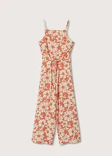 Mono largo de tejido fluido con estampado floral en tonos naranja y blanco. Diseño con tirantes finos y detalle fruncido en la cintura.
