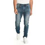 Pantalón de jean azul de corte skinny, con cierre de cremallera y botón metálico con logo de la marca. Diseño de cinco bolsillos con remaches metálicos y etiqueta triangular en el bolsillo trasero.