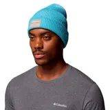 Gorro de lana Columbia modelo Lost Lager II, color turquesa, de punto acanalado con vuelta y parche de cuero sintético con el logo de la marca en el frente.