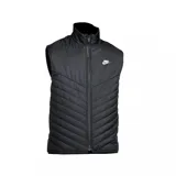 Chaleco negro con cierre frontal, cuello alto y logo de Nike estampado en el pecho.