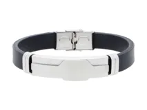 Pulsera de goma negra con placa central de acero plateado y cierre de acero inoxidable.