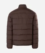 Campera puffer Marfinno de microfibra color marrón, con cuello alto, cierre frontal de cremallera y diseño acolchado horizontal.