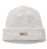 Gorro tipo beanie de tejido acanalado en color blanco hueso, con borde doblado y parche frontal de la marca Columbia Sportswear.