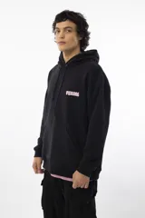 Canguro negro con capucha y cordones ajustables, con estampado en la espalda de un gato fumando con gafas de sol y la palabra "RAD".