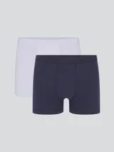 Pack de dos calzoncillos bóxer largos, uno negro y otro azul marino, confeccionados en algodón y elastano, con elástico personalizado en la cintura.