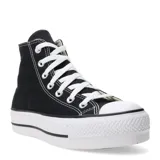 Championes de caña alta Converse modelo Chuck Taylor All Star Lift, con plataforma, confeccionados en lona de algodón negra con cordones blancos y puntera de goma.