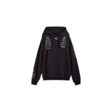 Hoodie negro Adidas Y-3 Mercedes Team con capucha, bolsillo tipo canguro y múltiples logotipos de patrocinadores y marcas impresos en el frente y mangas.
