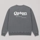 Buzo de cuello redondo en color gris con efecto lavado, manga larga y puños acanalados. Presenta un pequeño logo bordado en el centro del pecho y una etiqueta decorativa en el ruedo.