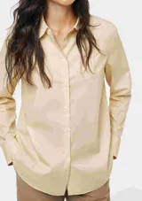 Camisa de corte clásico con cuello camisero, manga larga con puños abotonados y cierre frontal con botones. Presenta un diseño de rayas verticales finas sobre un fondo color beige.