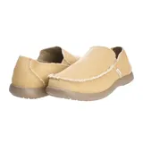 Mocasín tipo slip-on marca Crocs modelo Santa Cruz, con parte superior de lona negra y costuras visibles. Posee elásticos laterales para facilitar el calce y suela de material Croslite™ en color beige.